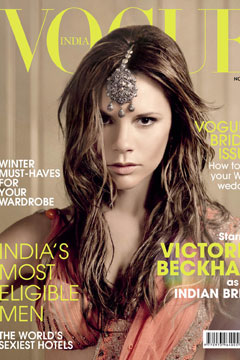Victoria Beckham on a cover of Vogue magazine wearing Indian headpiece.