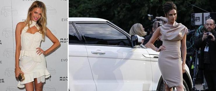 Jen Hawkins and Victoria Beckham posing with Range Rover Evoque