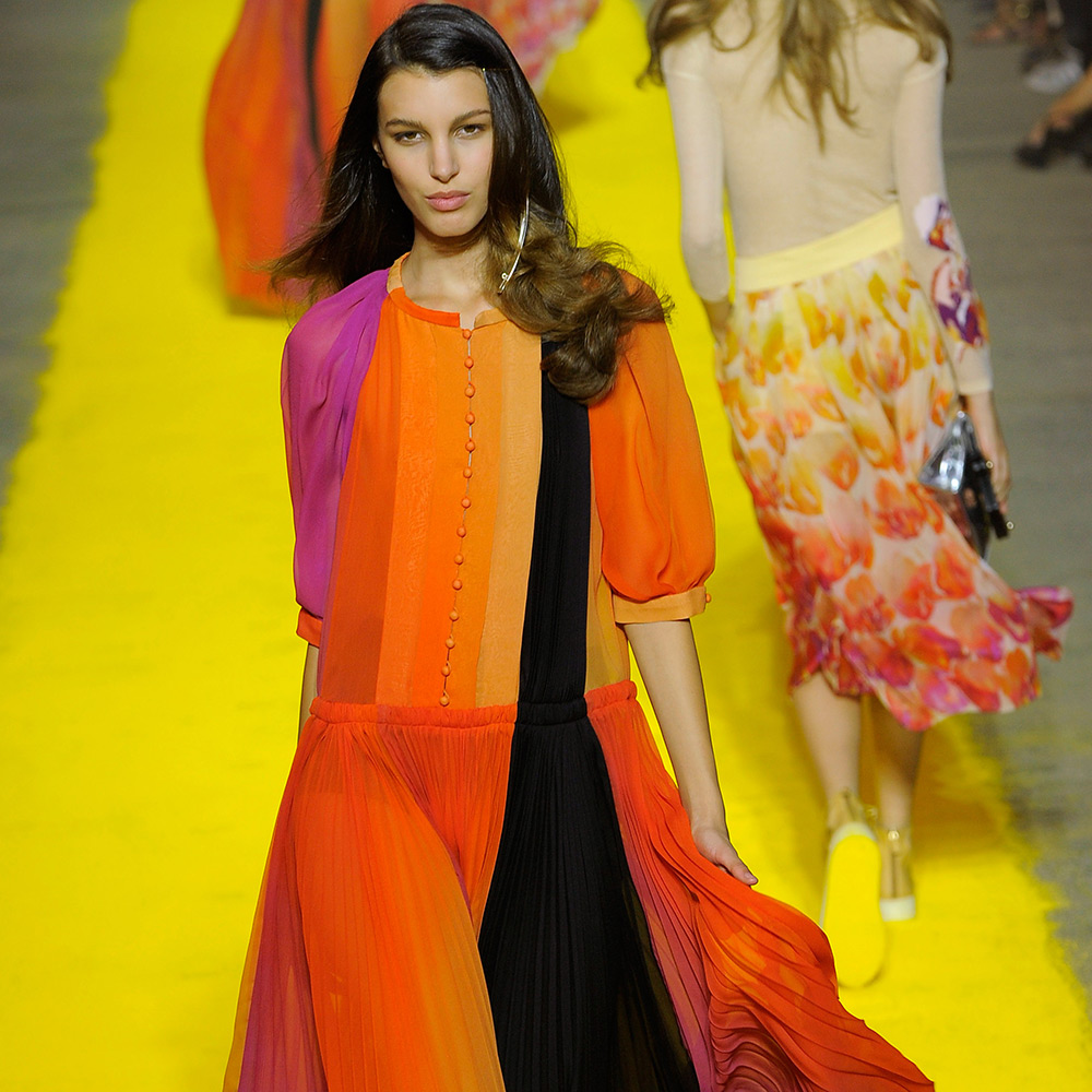 Sonia Rykiel pink, orange and yellow flowy dress on the runway