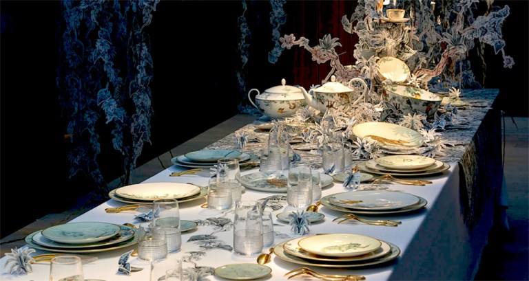 Hermés tableware featuring Robert Dallet illustration, called Carnets d'Équateur Porcelain Collection