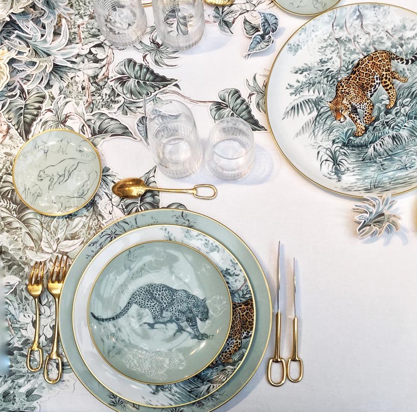Hermés tableware featuring Robert Dallet illustration, called Carnets d'Équateur Porcelain Collection