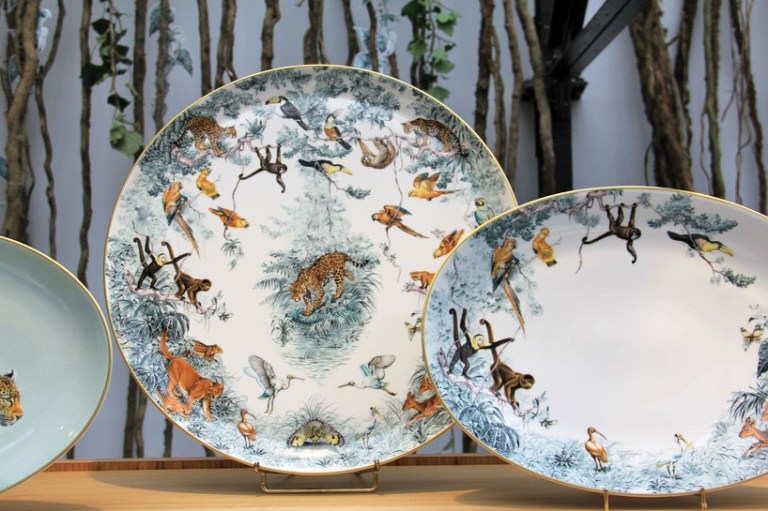 Hermés tableware featuring Robert Dallet illustration, called Carnets d'Équateur Porcelain Collection