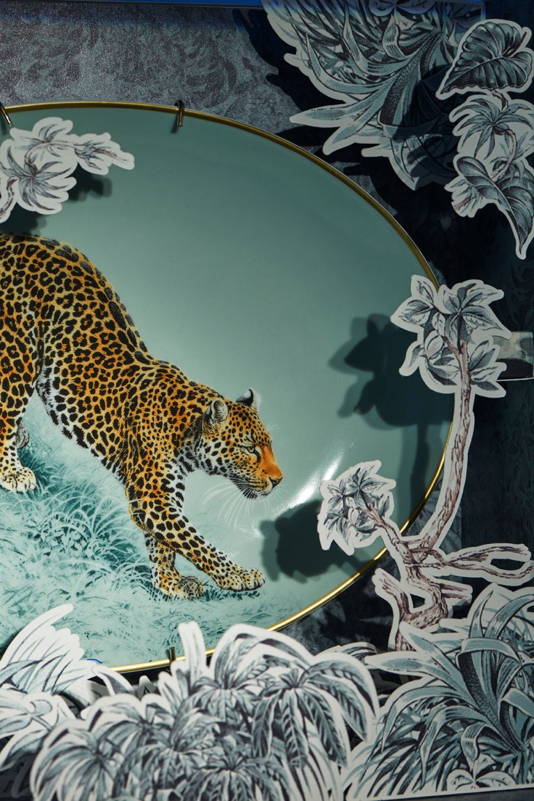 Hermés tableware featuring Robert Dallet illustration, called Carnets d'Équateur Porcelain Collection, wild life, tea cup, coffee cup, gold rim, panther, leopard