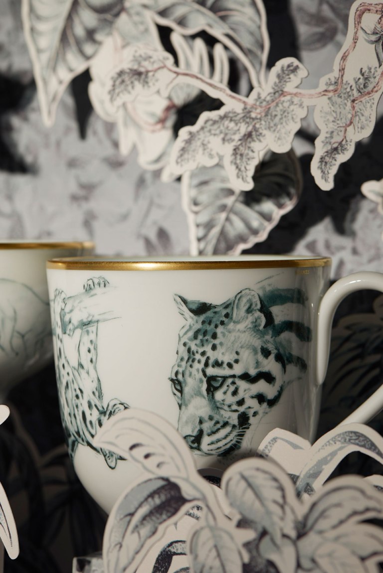 Hermés tableware featuring Robert Dallet illustration, called Carnets d'Équateur Porcelain Collection