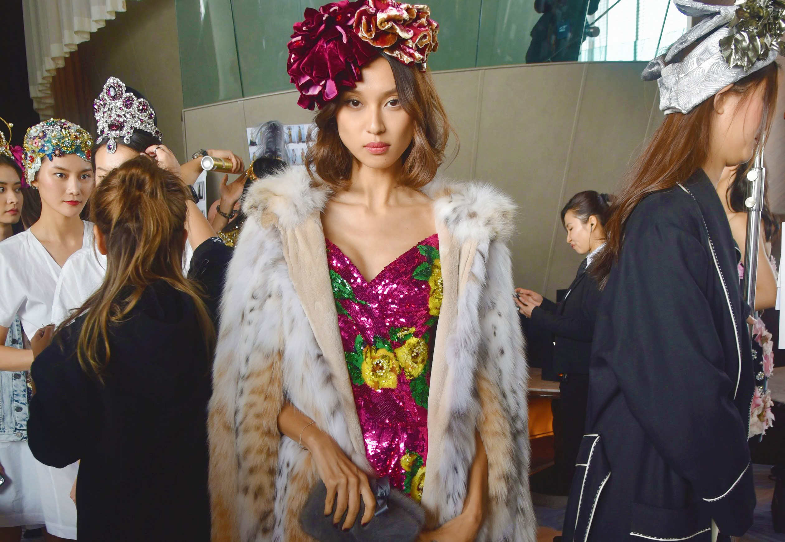 Dolce & Gabbana model wearing fur and sparkly dress