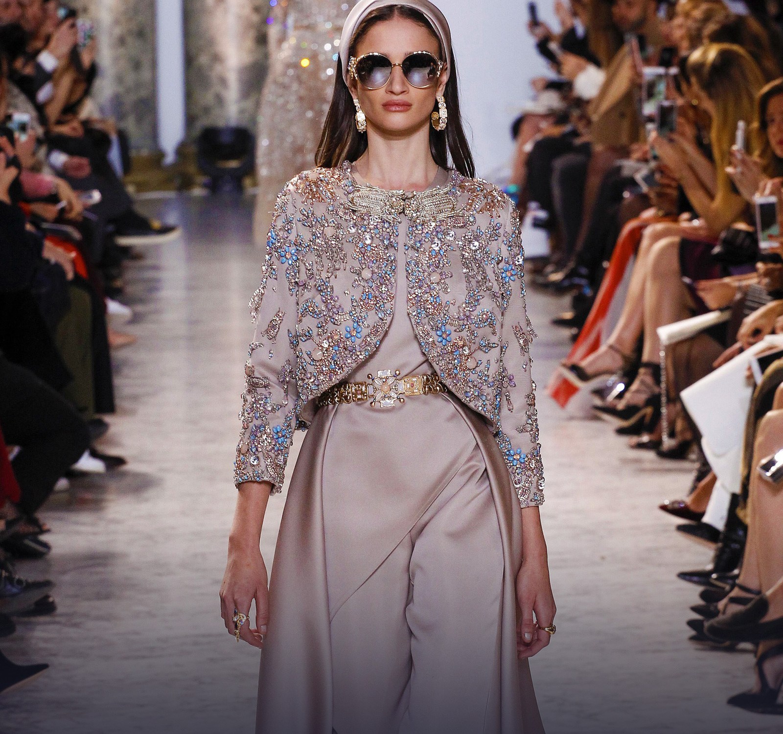 elie saab light grey silky pant suit worn by a model