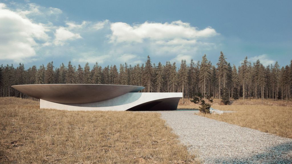 A modern architectural structure resembling a futuristic safe house, set amidst a natural landscape with a forest in the background.