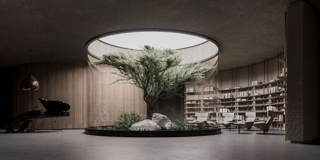 A cozy underground living room featuring a large tree encased in glass, surrounded by comfortable seating and a grand piano.