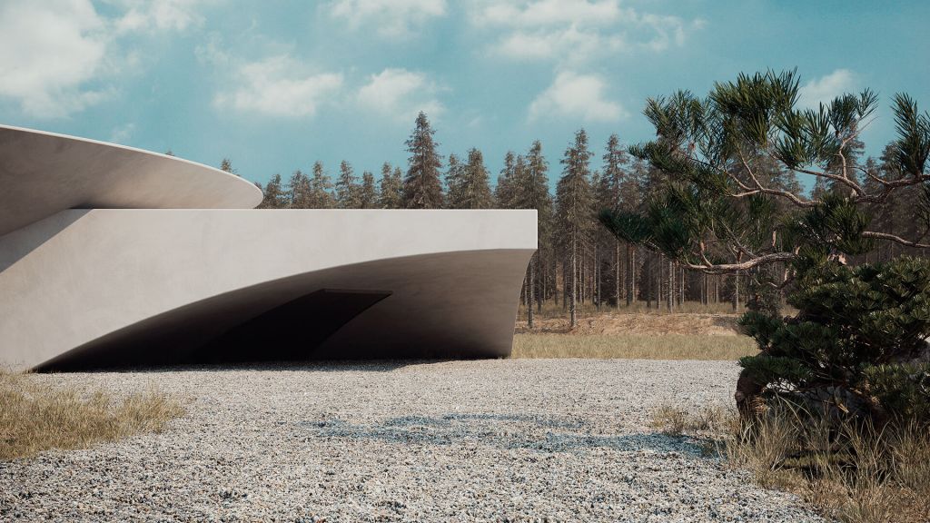 The exterior of an underground house designed by Sergey Makhno Architects, featuring a modern, curved concrete structure set against a backdrop of trees and blue skies.