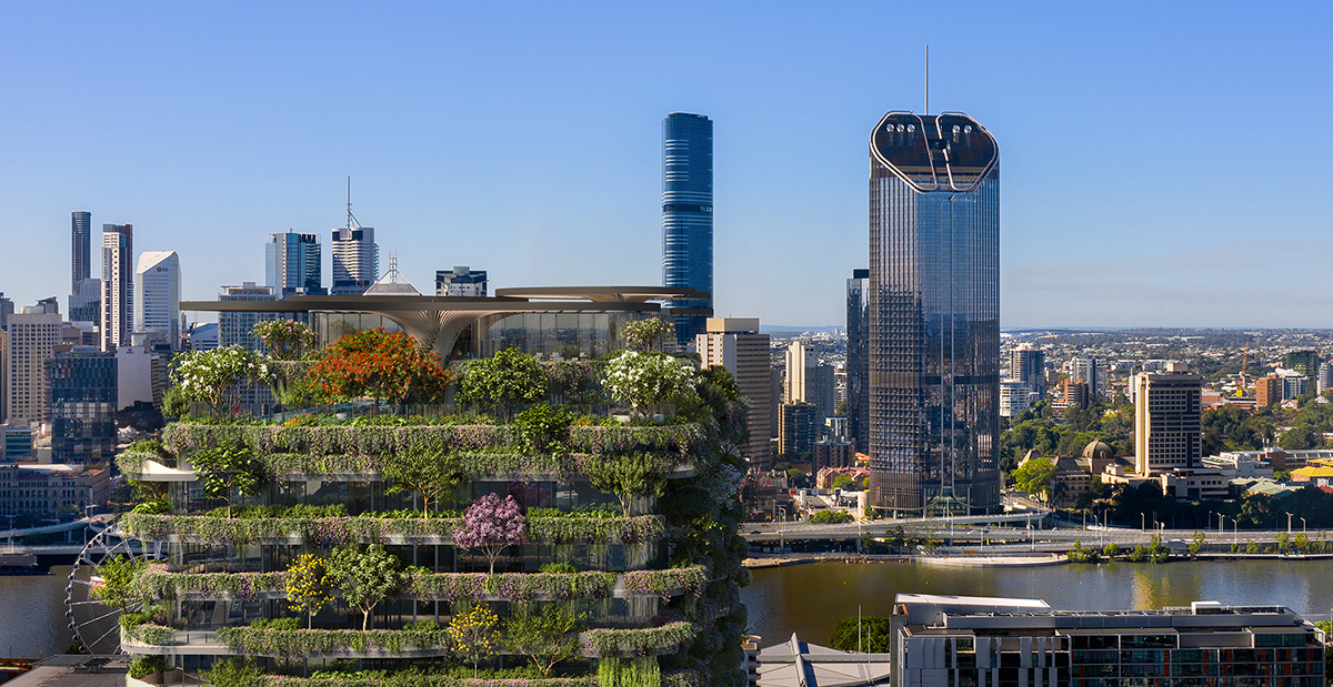 The Urban Forest rooftop against the city landscape