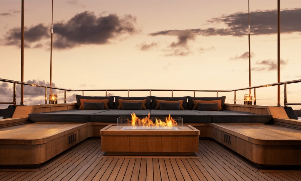 RH THREE sunset terrace including a fireplace