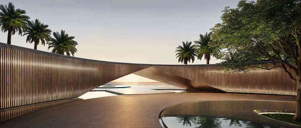 Rendering of the Armani branded beach resort feating palm trees, swimming pool, waterfront area in the United Arab Emirates