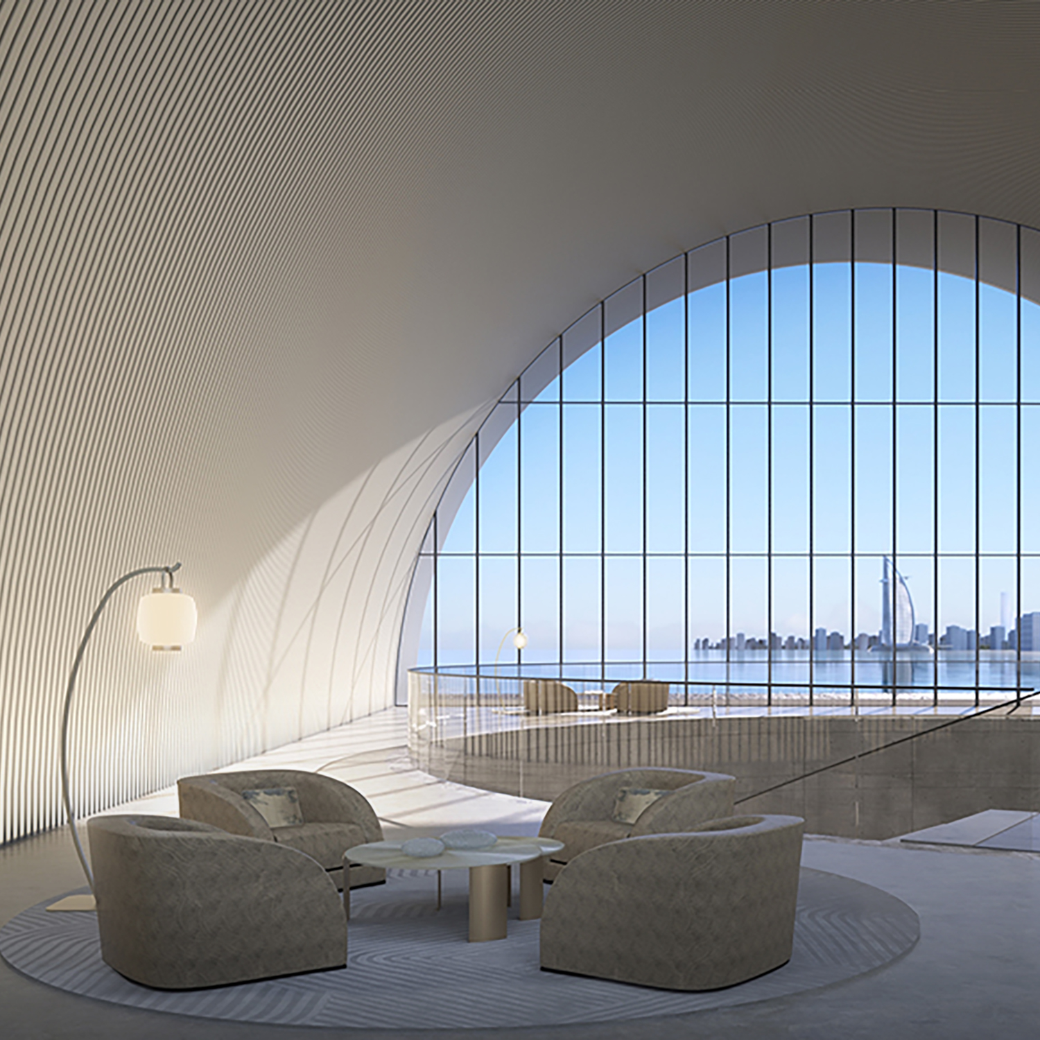 Stunning living room at Dubai's Armani Beach Residence that features huge half-moon window with a view on Burj Khalifa during the sunny day