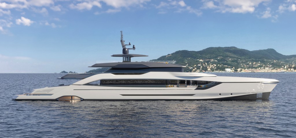Sleek white yacht cruising on a calm sea, with mountains in the background under a blue sky. The design is modern and luxurious, evoking elegance.