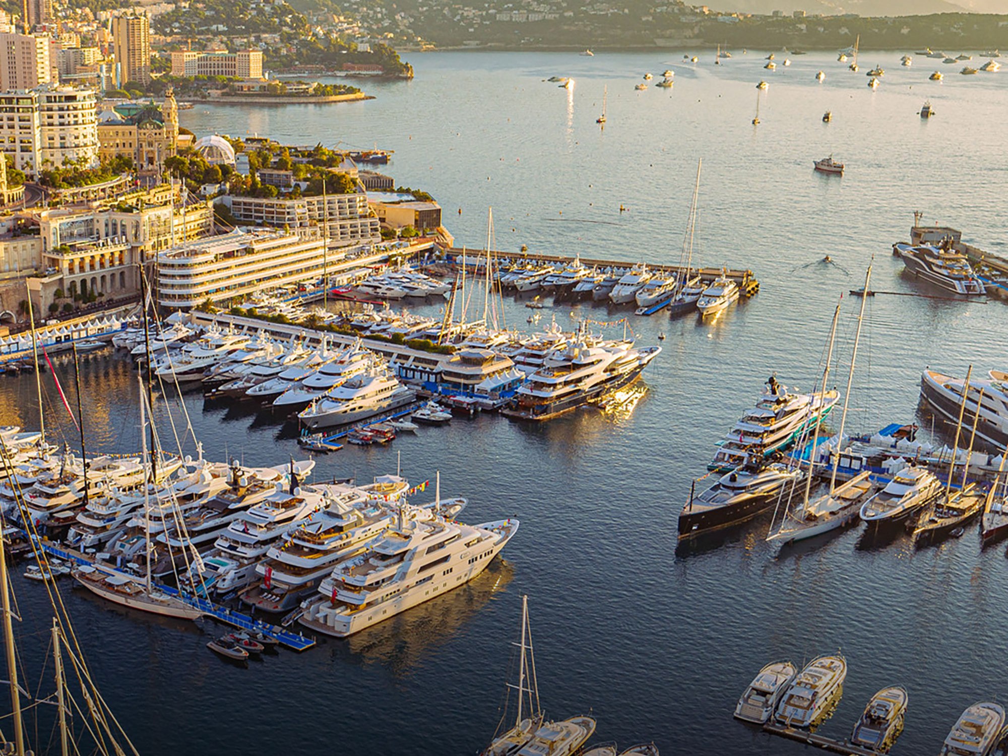 Port Hercule busy with superyachts parked in the heart of Monte-Carlo during the Monaco Yacht Show.