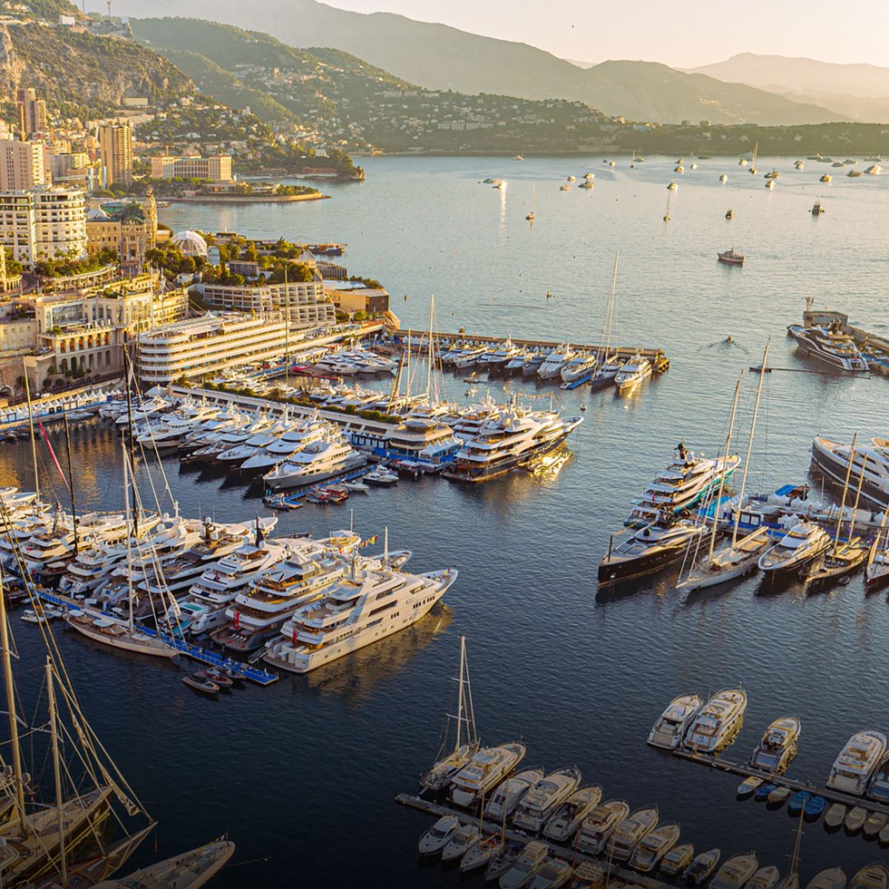 Port Hercule busy with superyachts parked in the heart of Monte-Carlo during the Monaco Yacht Show.