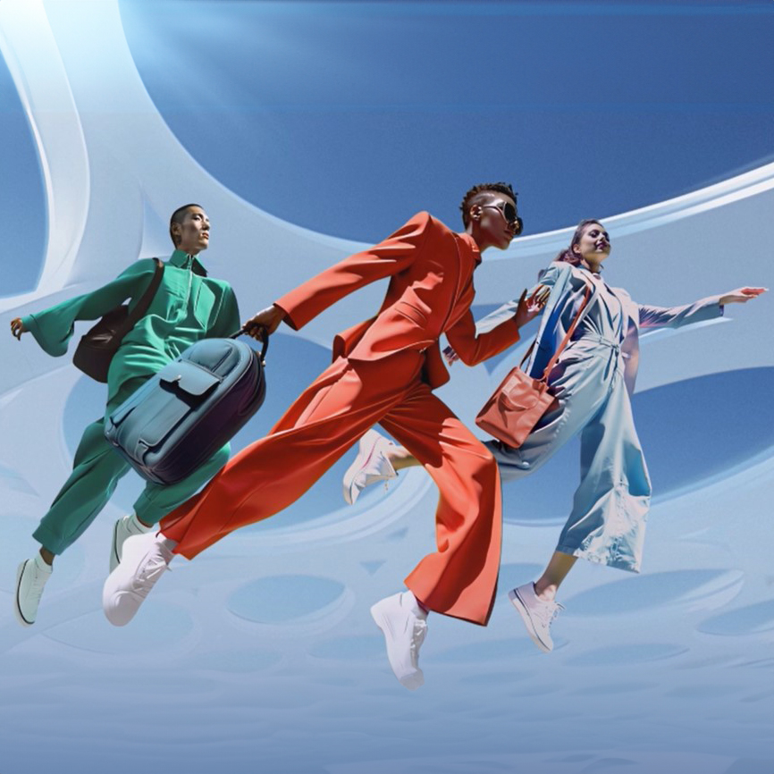 Three stylish individuals jump dynamically against a futuristic backdrop. They're dressed in vibrant suits green, red, and blue conveying energy and modernity.
