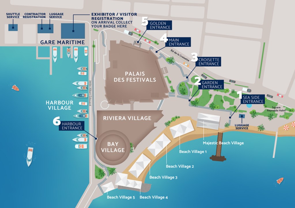 Map of Palais des Festivals area with labeled entrances and villages. Shows locations such as Gare Maritime, Harbour Village, and Beach Villages 1-5 along the coast.