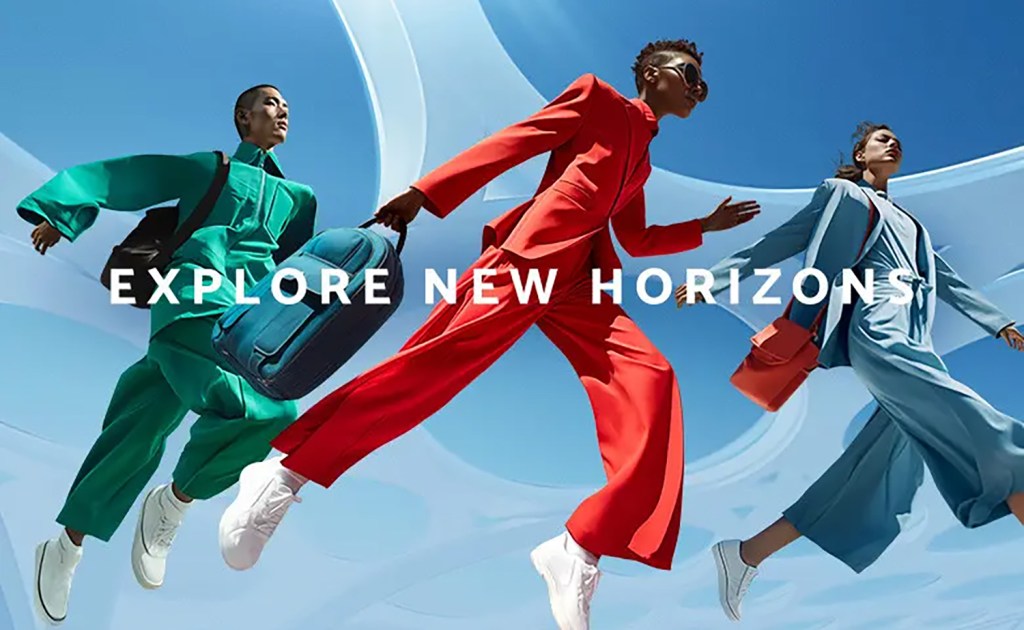 Three individuals in vibrant suits leap dynamically against a sky backdrop. Text reads "Explore New Horizons," conveying adventure.