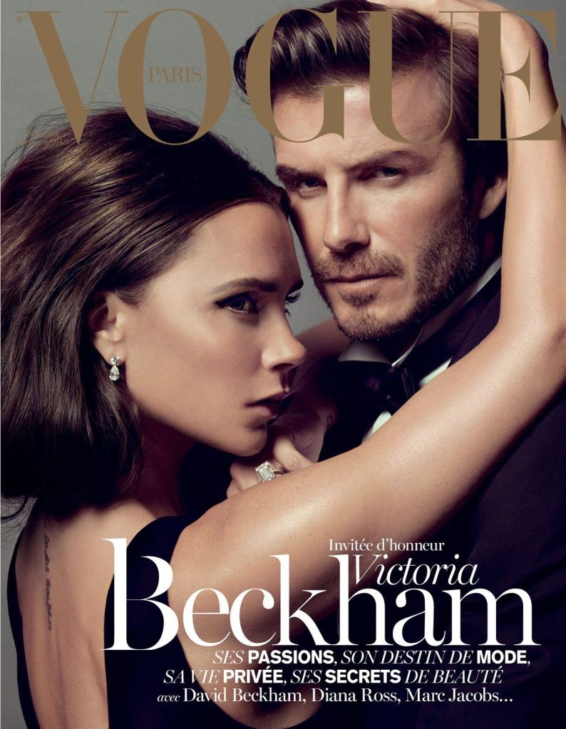 victoria and david beckham dressed in black and looking serious on the cover of french vogue