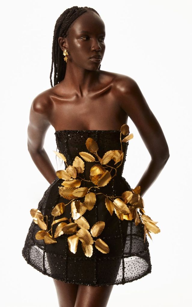 Oscar de la Renta transparent black mimi dress with gold embelishments worn by a beautiful black female model with braids