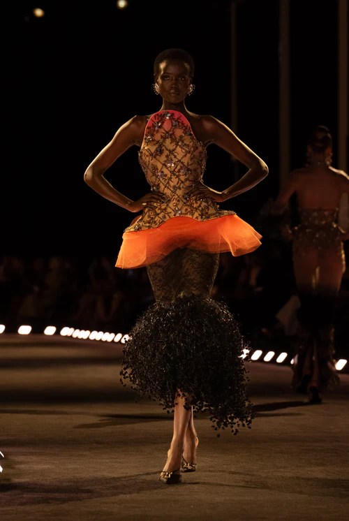 Schiaparelli haute couture 2026 evening gown with black an orange features