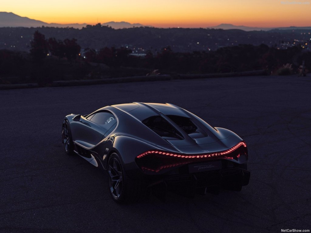Bugatti Tourbillon car from behind at sunset