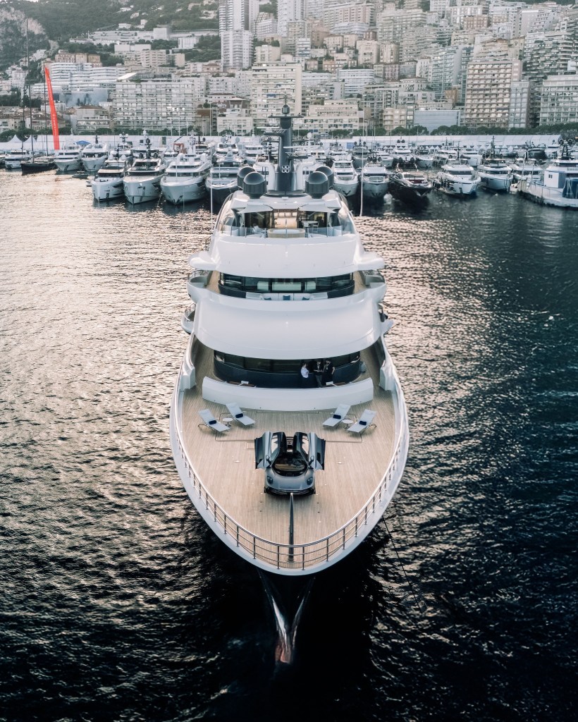 Luxurious yacht docked in Monaco harbour.