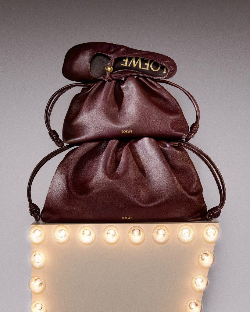 Loewe burgundy kitten heel shoes and pouch leather bags