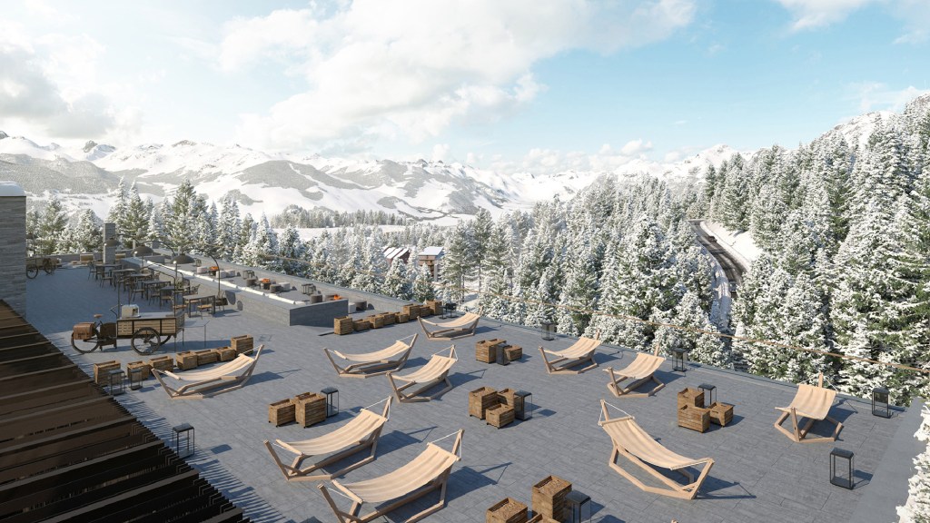 Snowy mountain view with sun loungers.