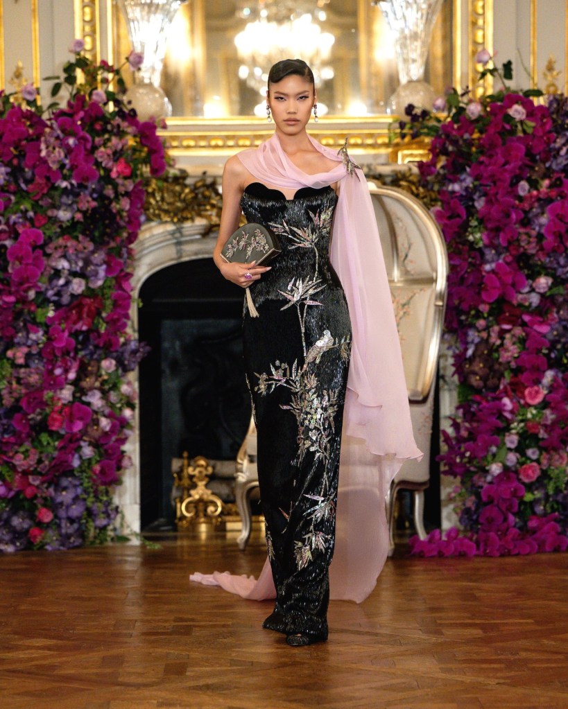 miss sohee haute couture black qnd metallic dress with pink chiffon scarf