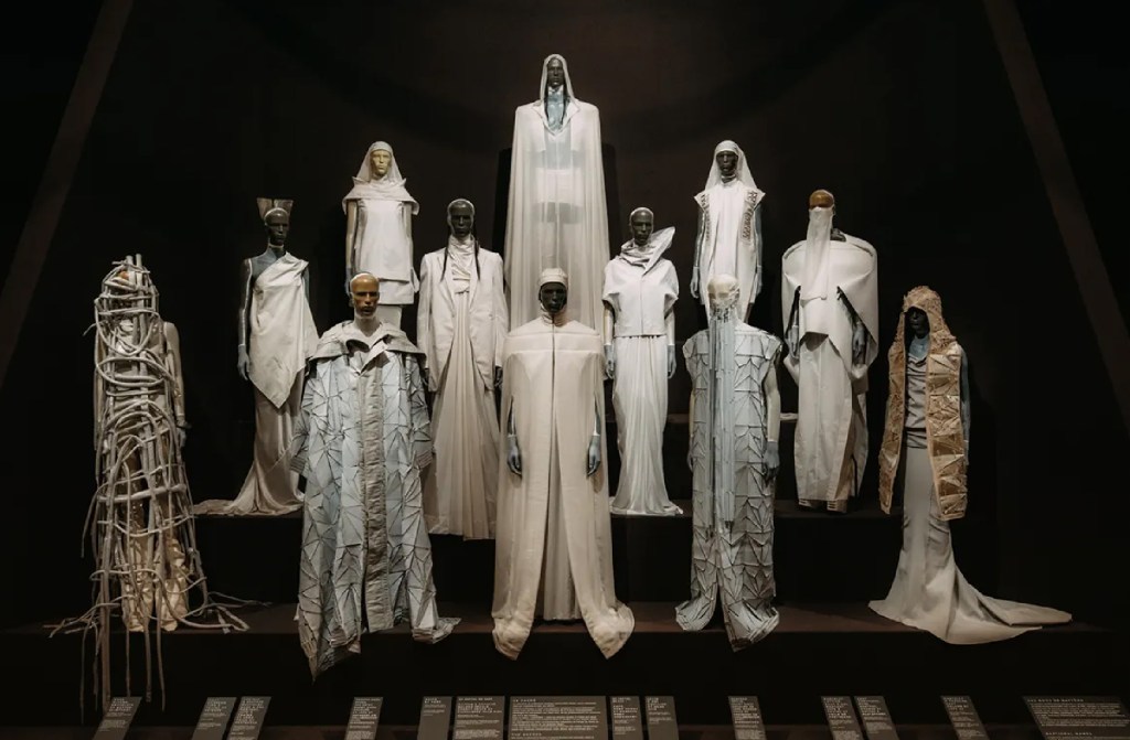 dark mannequins wearing off white and cream Rick Owens clothing in various textures