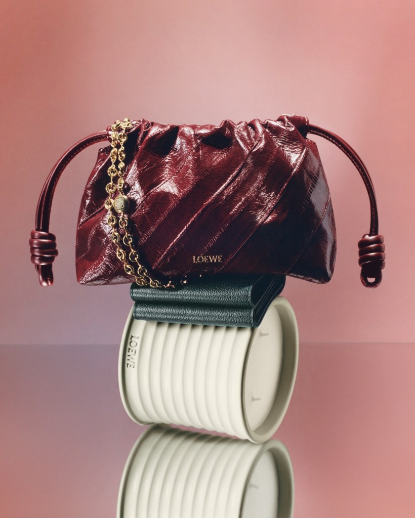 Loewe burgundy eel skin handbag with the gold chains