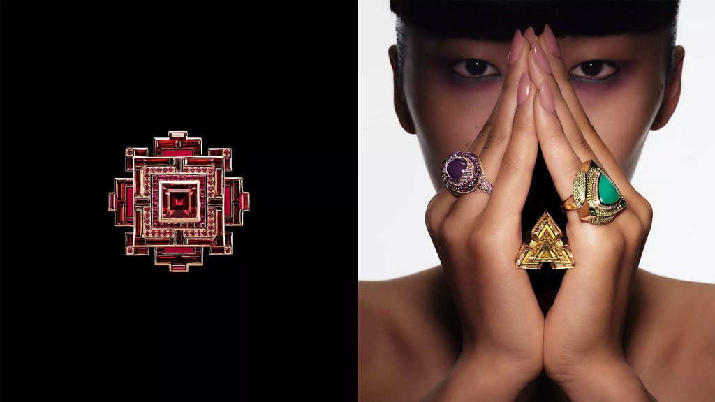 Hermès Haute Bijouterie featuring a tanzanite double ring, gemstone necklace, and multicolored brooch