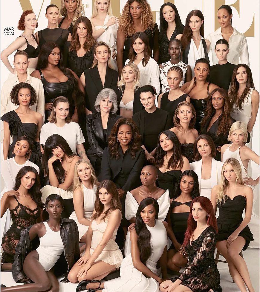 british vogue cover featuring 40 powerful females in fashion and entertainment