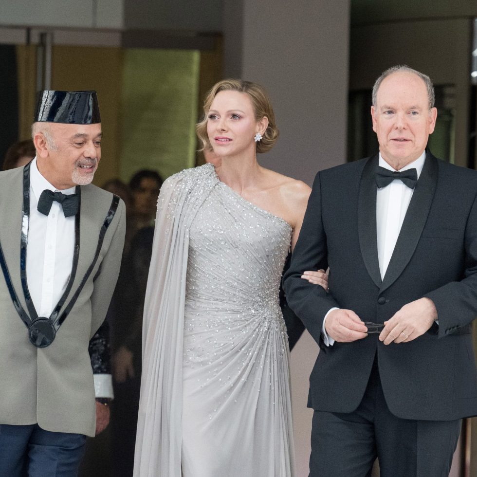 Monaco Royal Couple arrive to Bal de la Rose designed by fashion designer Christian Louboutin