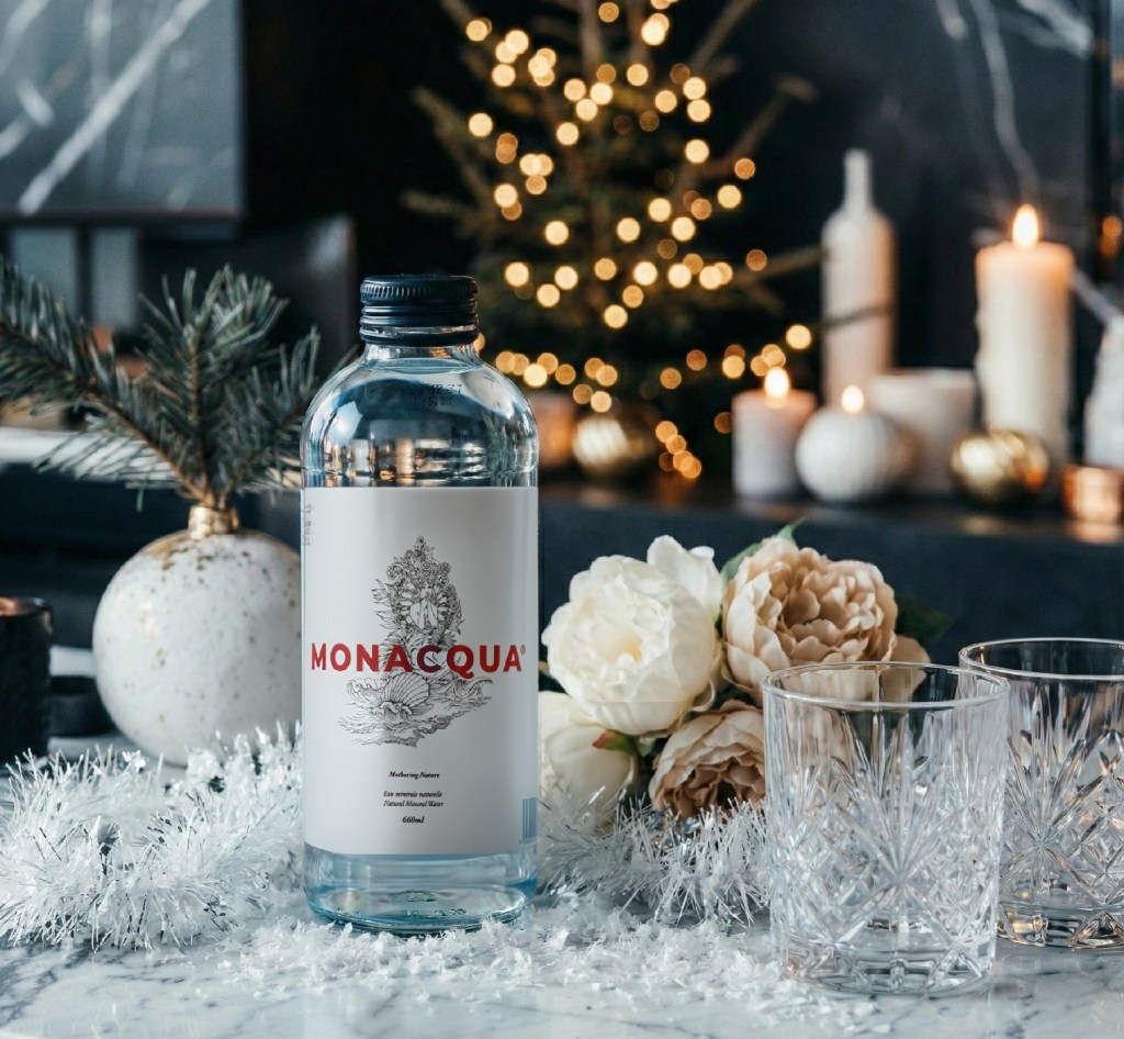 monacqua water on the christmas decorated table