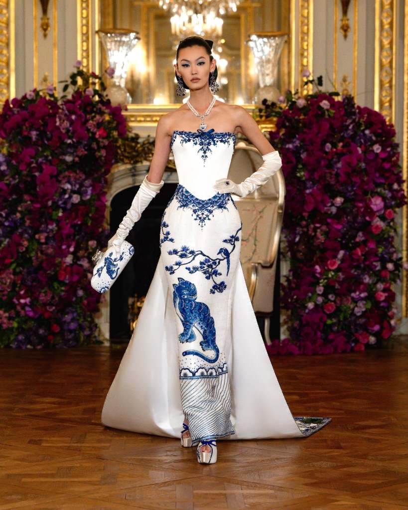 miss sohee haute couture white evening dress with blue details