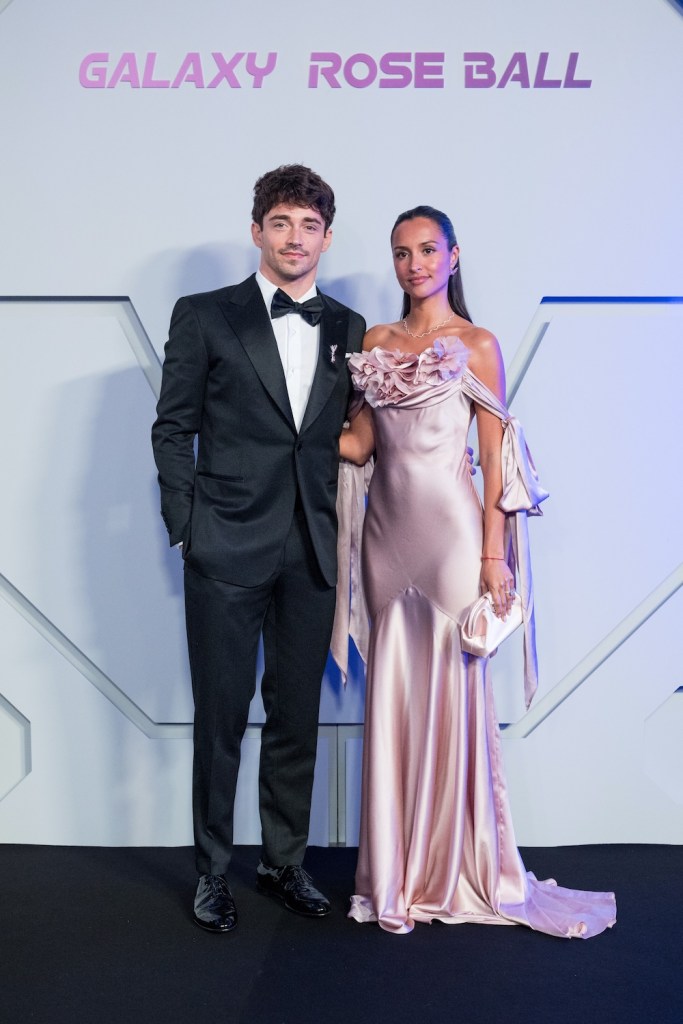 Formula 1 driver Charles Leclerc with wife Alexandra Mleux wearing baby pink silky dress to Rose Ball in Monaco