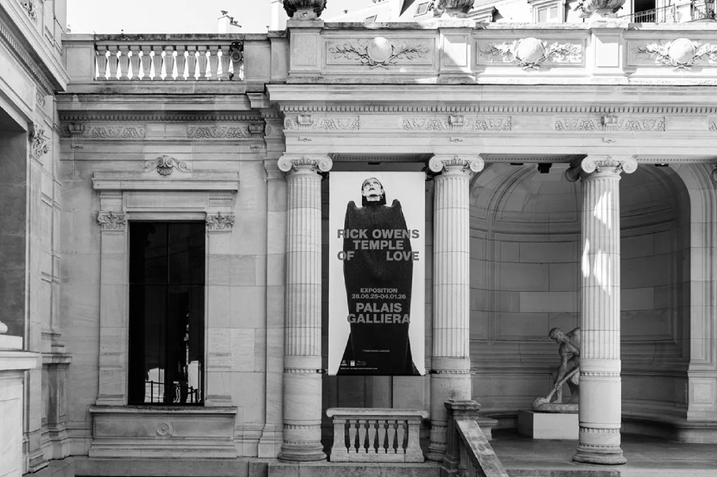 black and white photos of the palais galliera in paris with large poster for rick owens exhibition