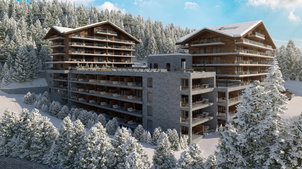 Modern resort Six Senses Crans-Montana amidst snowy mountain landscape.