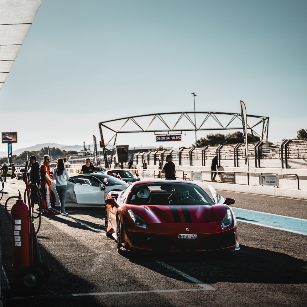 Luxury sports cars at a Paul Ricard Circuit.
