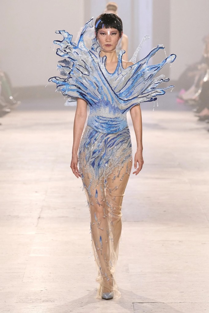 rahul mishra alchemy haute couture blue water splash look on the runway