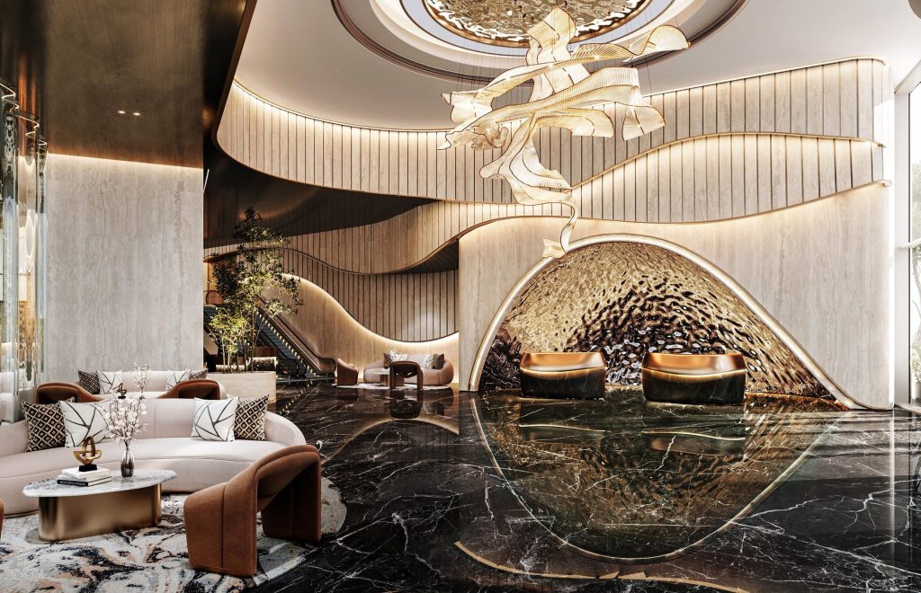 opulent marble lobby of the luxury hotel