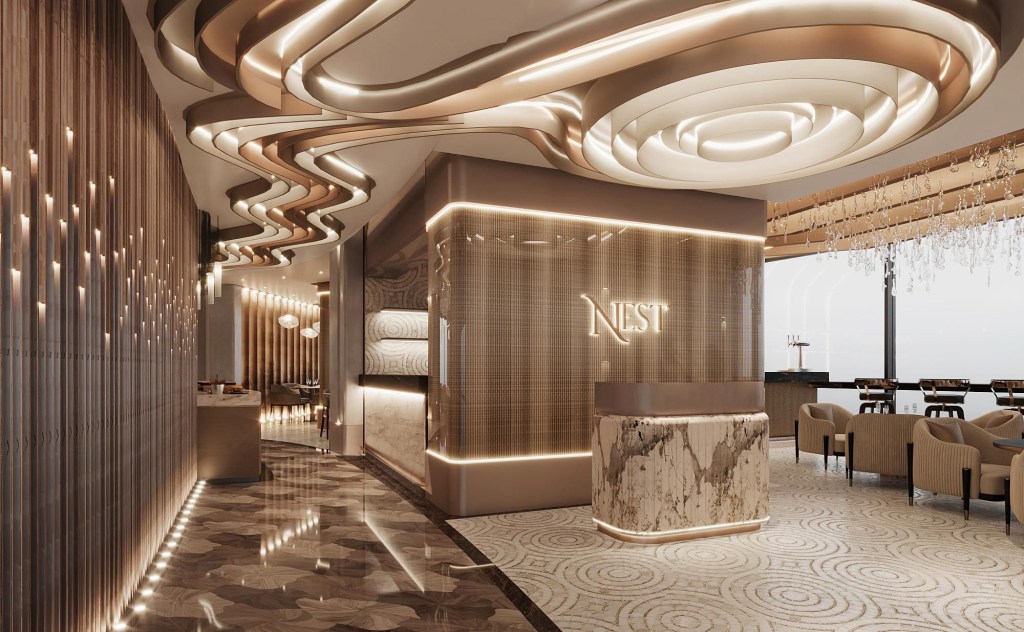 oriental interior of the hotel reception with lots og golden hues and lights
