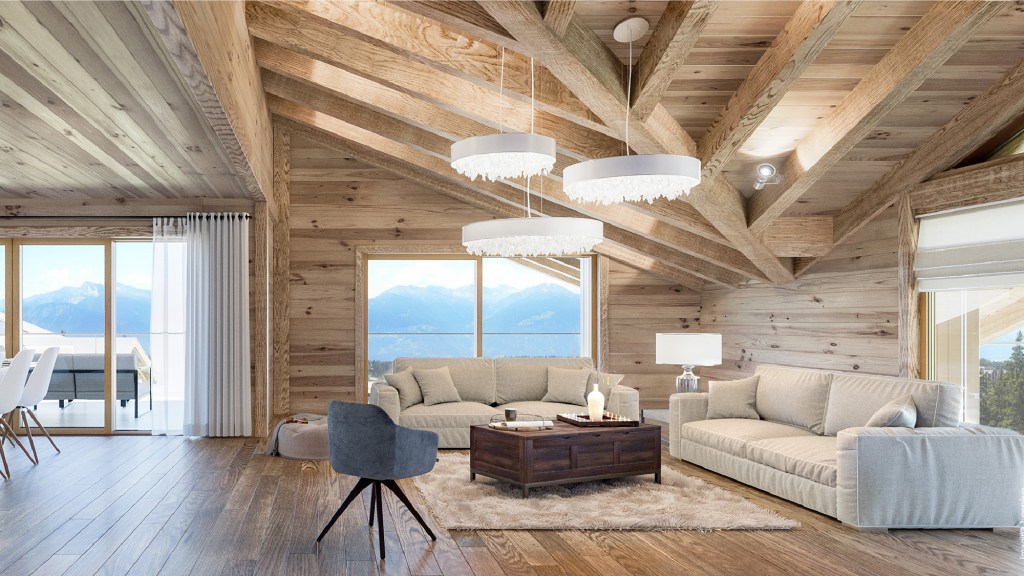 Spacious wooden living room with views.