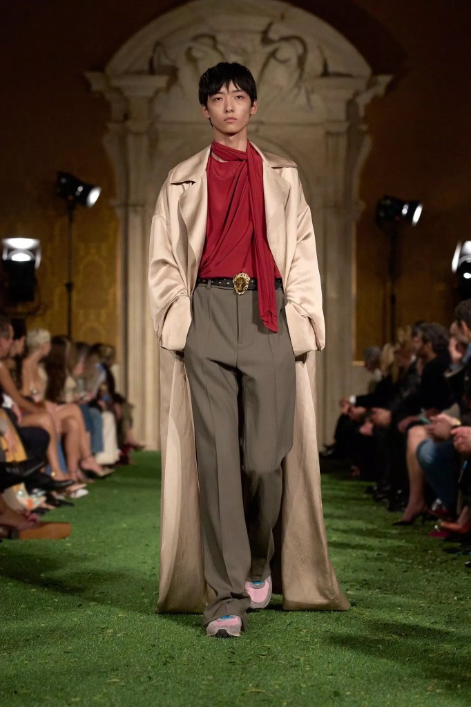 Valentino Fashion Show Fall 2026 model wears satin coat