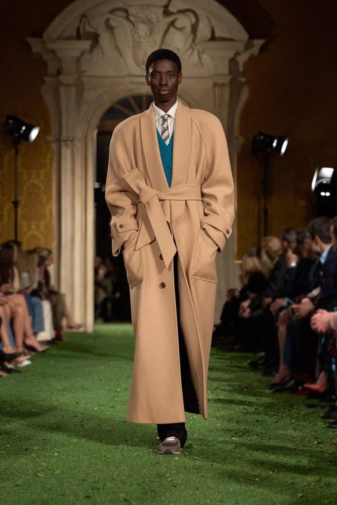 Valentino Fashion Show Fall 2026 model wears camel long coat