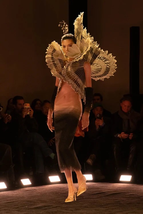 Schiaparelli haute couture transparent dress with lace wings on an asian model