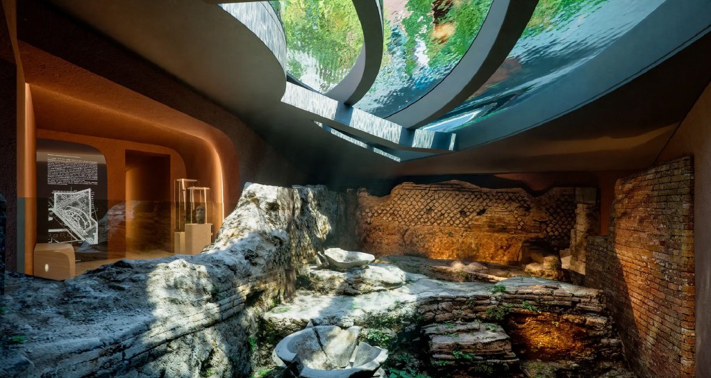 Archaeological site at Romeo Roma hotel with the glass roof view onto the swimming pool